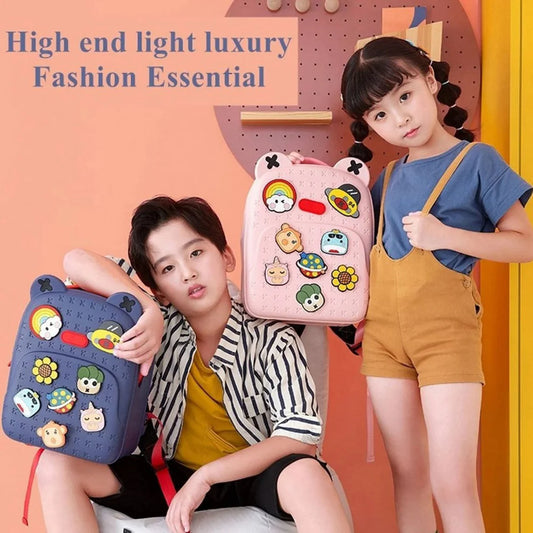 Eco-Friendly Cute Kids Backpack with DIY Snap Buttons & Cartoon Charms – Large Capacity, Durable & Soft