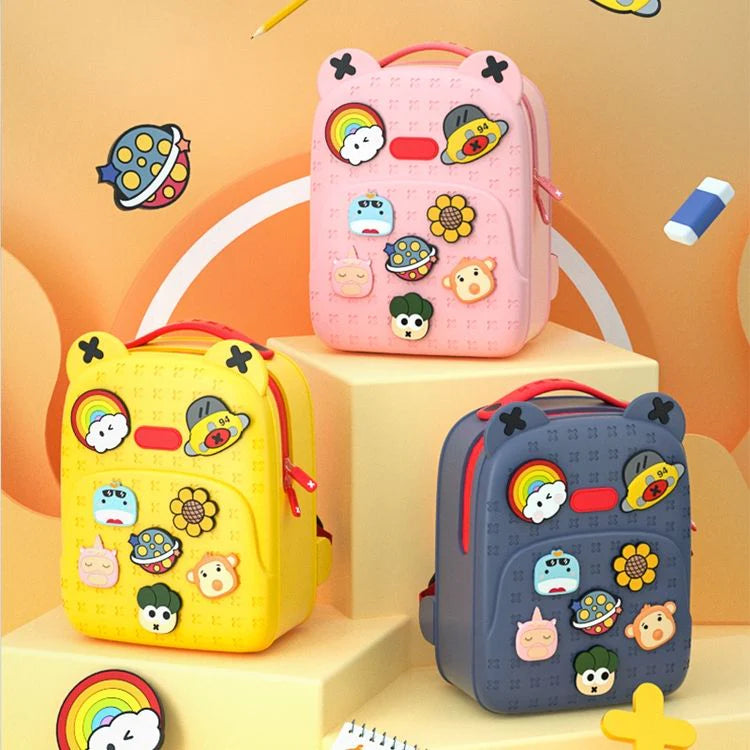 Eco-Friendly Cute Kids Backpack with DIY Snap Buttons & Cartoon Charms – Large Capacity, Durable & Soft